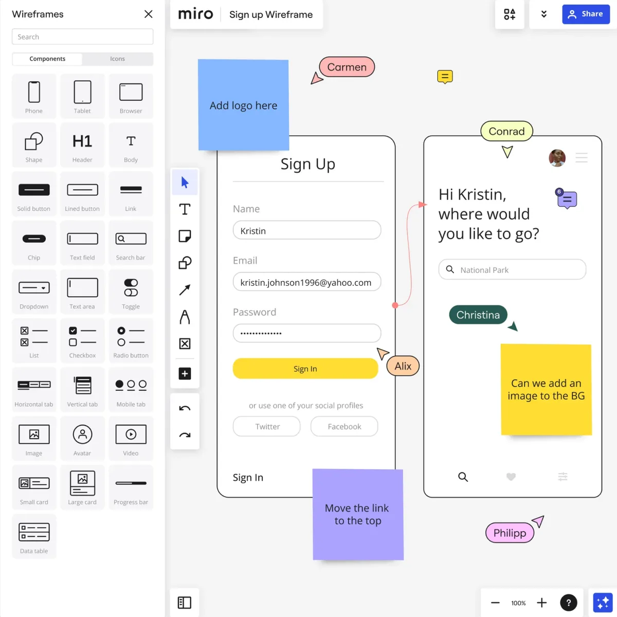 Miro registration and search wireframes with a component palette and collaborator notes.