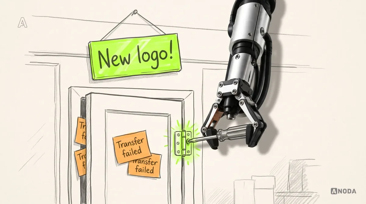 Mixed-media illustration: a drawn shopfront with a shiny new sign reading “New logo!” hangs above a drawn door that is jammed shut, with orange notes reading “Transfer failed” stuck in the gap; a real steel robotic arm hanging from the top edge ignores the sign and turns a real screwdriver in the door’s hinge, which glows lime.