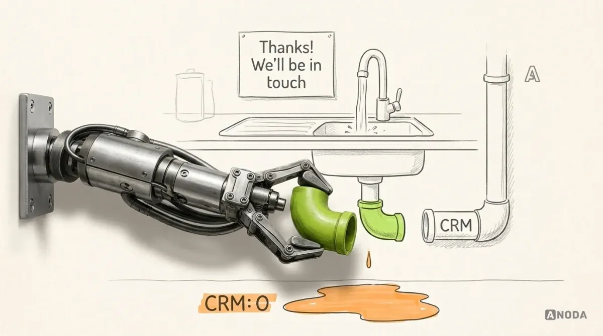 Mixed-media illustration: a drawn sink with a tap running, a drawn sign above it reading “Thanks! We’ll be in touch”; below the sink the drawn pipe stops short and an orange puddle spreads, labelled “CRM: 0”; a real steel arm on a wall bracket at the left edge fits a real lime pipe elbow between the sink and a drawn pipe labelled “CRM”.