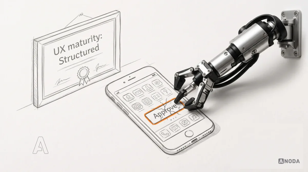 Mixed-media illustration: a drawn framed certificate on a wall reading “UX maturity: Structured” with a drawn seal, and below it a drawn smartphone whose “Approve” button is cracked and outlined in orange, while a real steel arm entering from the right on a wall bracket points its gripper at the cracked button.