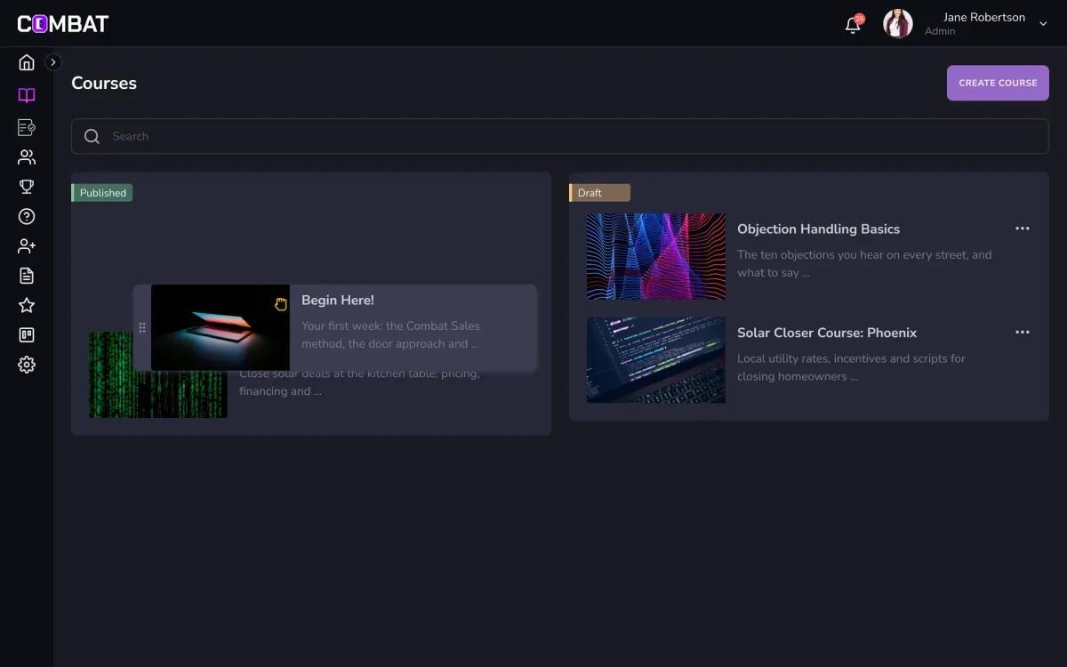 Courses page with Published and Draft columns and a course card being dragged to a new position