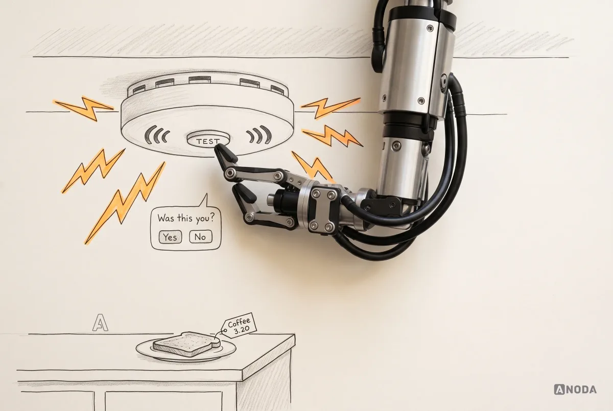 Mixed-media illustration: a real steel arm presses the TEST button of a drawn ceiling smoke alarm that is sounding, with a calm bubble asking “Was this you? Yes / No”, while a single slice of toast tagged “Coffee 3.20” sits on a counter below.