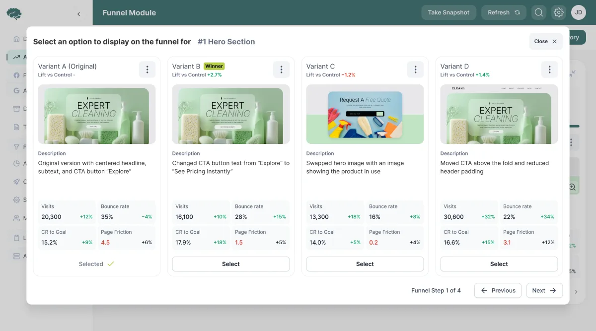 Funnel module with the variant picker open: four variants of the hero section, each with its change and its numbers