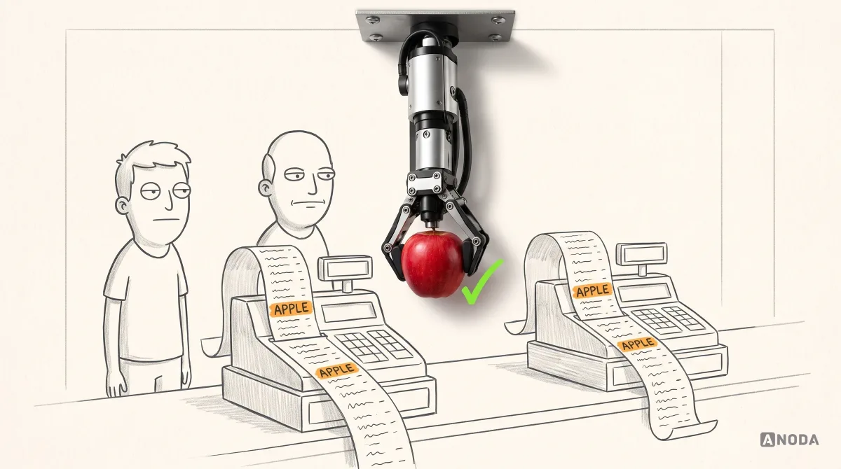 Mixed-media illustration: two drawn cash registers each print a long receipt with an orange “Apple” line, while a real steel arm from the top holds a single real red apple between them with a lime tick