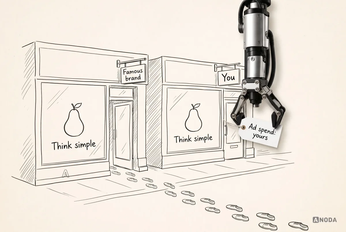 Mixed-media illustration: two identical drawn shop fronts with a pear and the words “Think simple” in the window stand under signs reading “Famous brand” and “You”; footprints lead only into “Famous brand” while a real steel arm pins a paper tag reading “Ad spend: yours” to the “You” shop’s door.