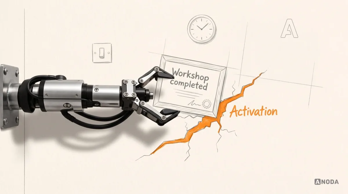 Mixed-media illustration: a drawn office wall with a framed certificate reading “Workshop completed” hanging slightly crooked, while a real steel arm entering from the left on a wall bracket lifts the frame away from the wall to reveal a long orange crack behind it labelled “Activation”.
