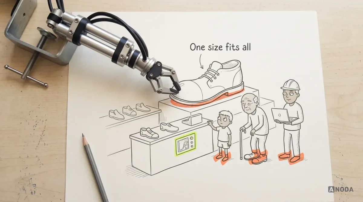 Mixed-media illustration: a real steel arm grips an enormous drawn shoe labelled “One size fits all” on a shop counter, while three small drawn customers queue beside it — a child, an older person with a cane and a person in a hard hat holding a laptop.
