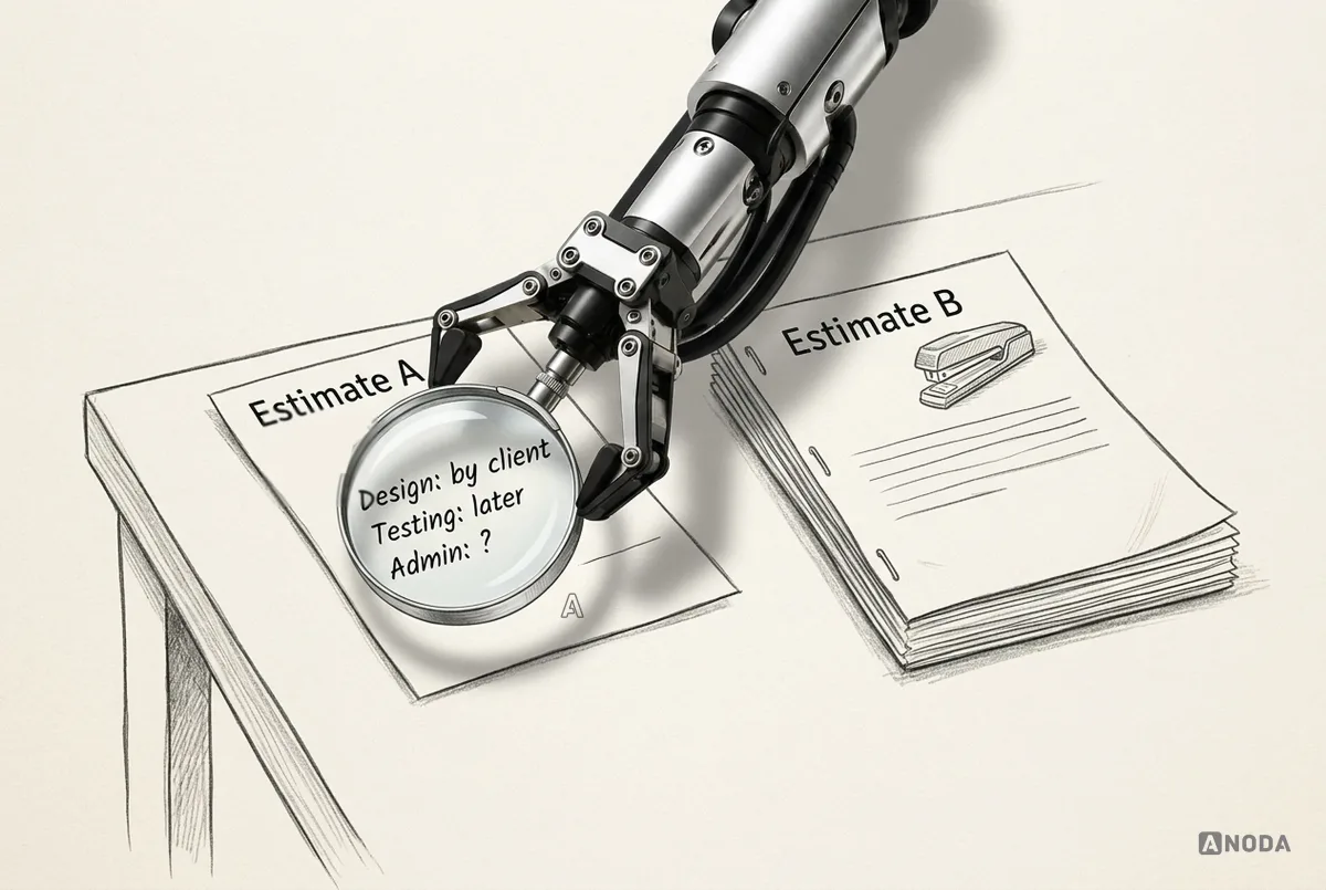 A steel robotic hand holds a real magnifying glass over a thin drawn sheet titled ‘Estimate A’, revealing the notes ‘Design: by client’, ‘Testing: later’ and ‘Admin: ?’, next to a thick stapled ‘Estimate B’.