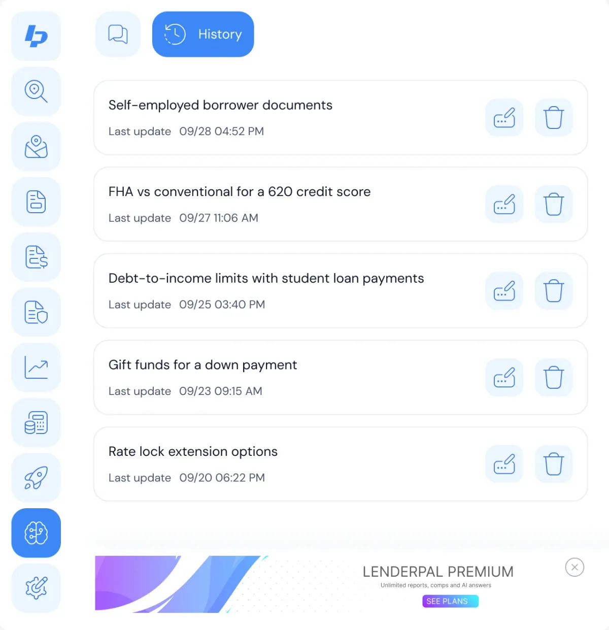 LenderPal AI history: past mortgage conversations with their last update, each with rename and delete