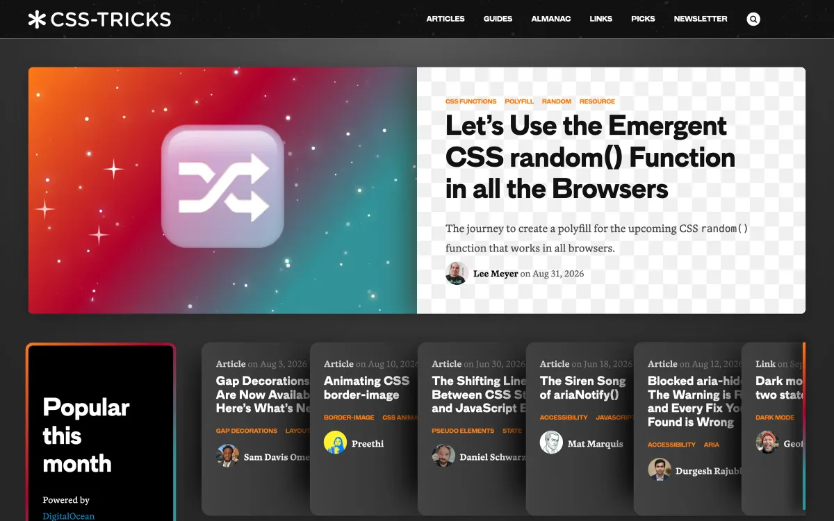 CSS-Tricks homepage: a dark page featuring “Let’s Use the Emergent CSS random() Function in all the Browsers” and a row of popular articles.