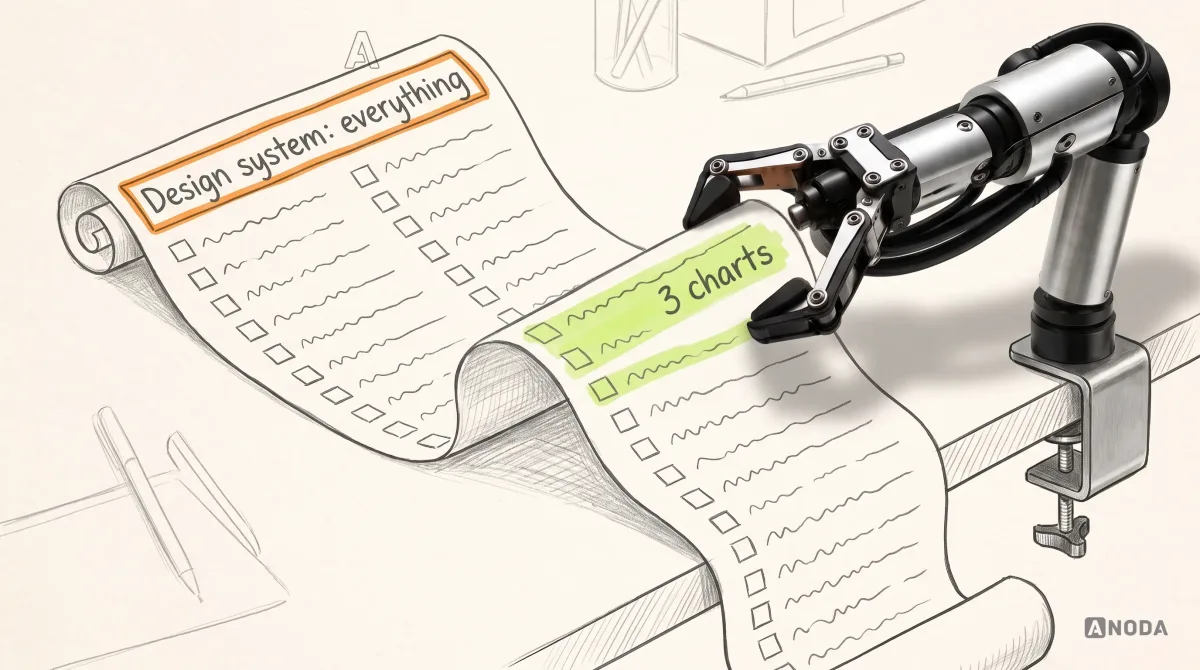 Mixed-media illustration: a drawn order form as long as a scroll, headed “Design system: everything” and outlined in orange, rolls off the edge of the table; a real steel robotic arm clamped at the right table edge lifts the scroll at the one line highlighted in lime, “3 charts”.