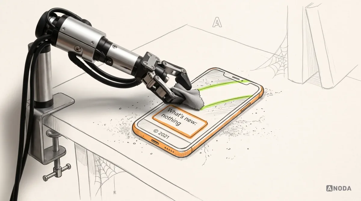 Mixed-media illustration: a drawn smartphone lies on a table covered in drawn dust and a cobweb, its footer reading “© 2021” and a card reading “What’s new: nothing”, both outlined in orange; a real steel robotic arm clamped to the table edge on the left wipes the screen with a small real cloth, leaving a clean lime-edged strip.