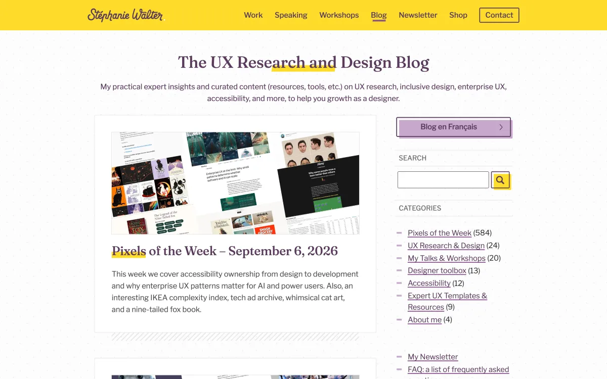 Stéphanie Walter’s blog index: “The UX Research and Design Blog” with the latest “Pixels of the Week – September 6, 2026” and category links.