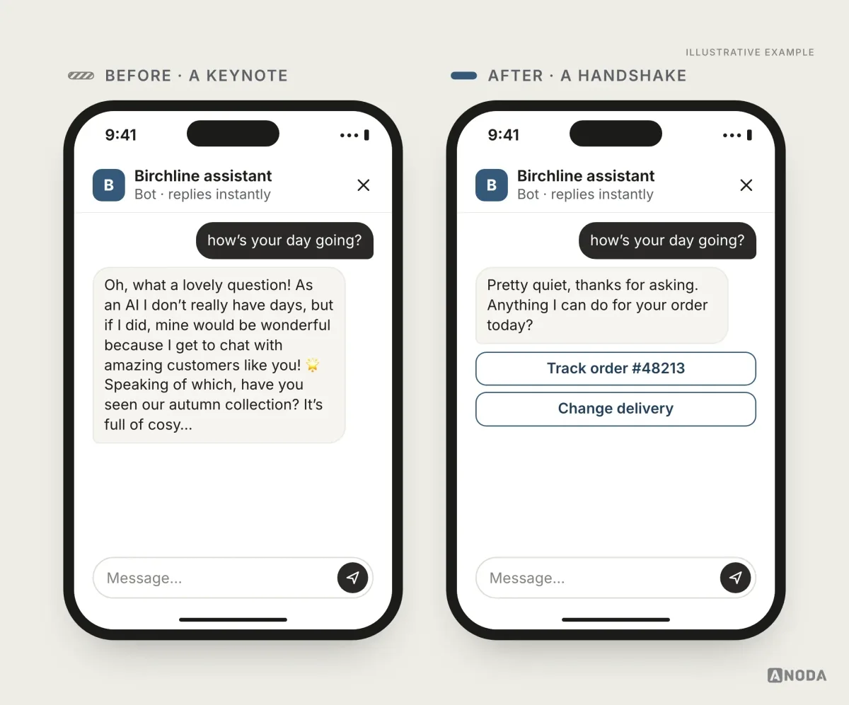 Illustrative example: on the left, the user asks “how’s your day going?” and the bot replies with a gushing paragraph about chatting with amazing customers that slides into the autumn collection; on the right, it says “Pretty quiet, thanks for asking. Anything I can do for your order today?” with two job buttons.