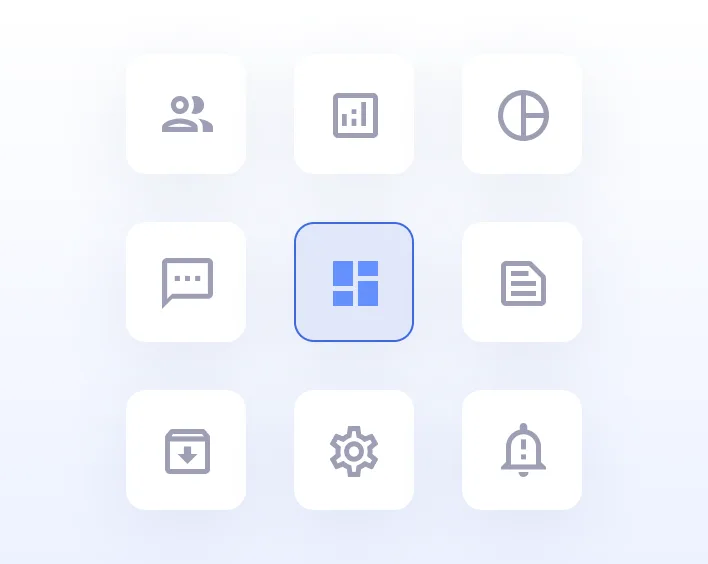 Nine navigation icon tiles with the dashboard tile selected.