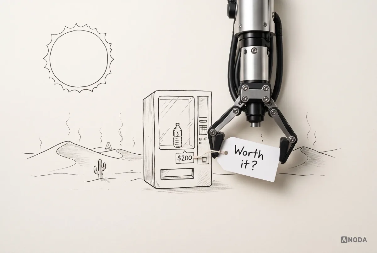 Mixed-media illustration: in a drawn desert under a big sun, a real steel arm holds a real paper tag reading “Worth it?” next to a vending machine selling its last bottle of water for $200.