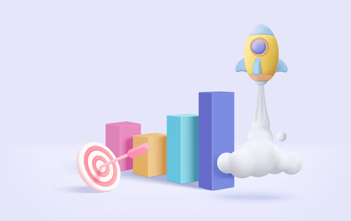 A rocket soaring above a bar chart with a target, symbolizing growth and efficiency in enterprise application design.