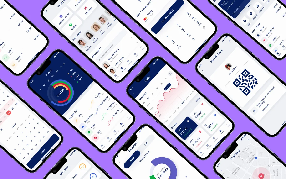 A diverse array of mobile phones displaying various applications on their screens.
