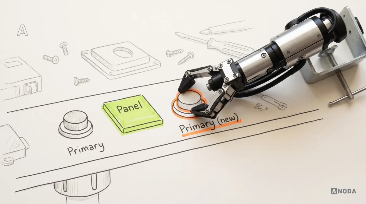 Mixed-media illustration: a drawn shelf of components holds one button labelled “Primary” and a freshly added lime panel labelled “Panel”; a real steel robotic arm clamped at the right edge holds back a second drawn button labelled “Primary (new)”, outlined in orange, at the edge of the shelf.