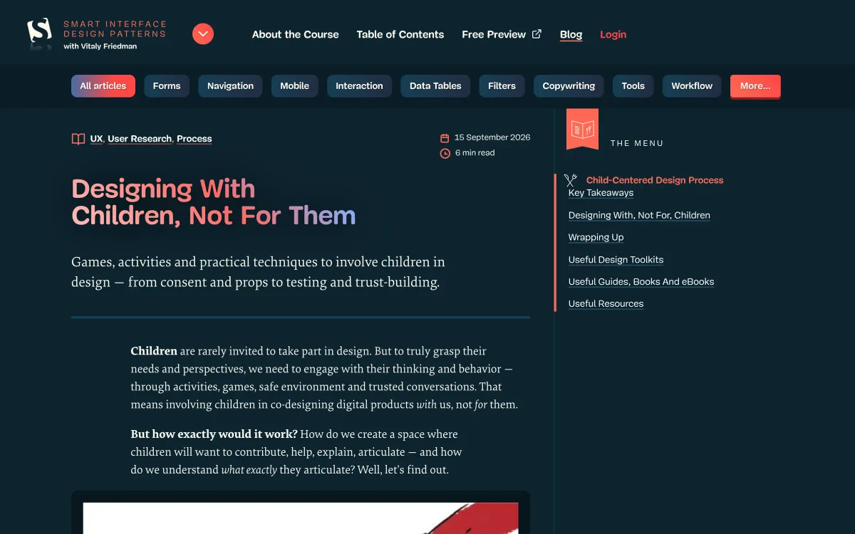 Smart Interface Design Patterns article page: “Designing With Children, Not For Them”, dated 16 September 2026, with a table of contents on the right.