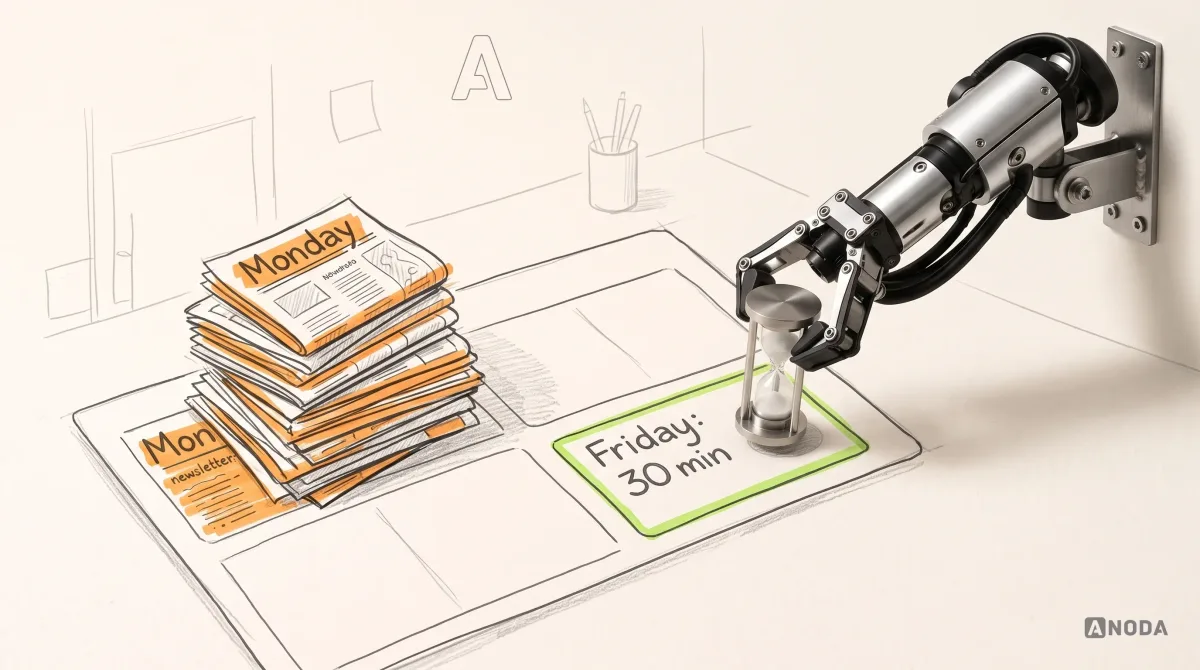 Mixed-media illustration: a drawn weekly planner page with an orange avalanche of newsletters piled on “Monday”, and a real steel arm on a wall bracket placing a real small hourglass on a calm lime slot labelled “Friday: 30 min”.