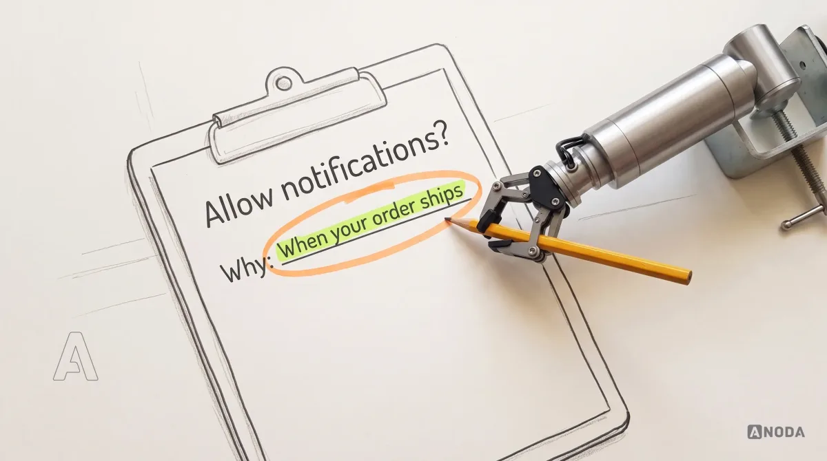 Mixed-media illustration: a drawn permission slip clipped to a drawn clipboard reads “Allow notifications?” with an empty line “Why:” circled in orange; a real steel arm entering from the right writes on the line with a real pencil “When your order ships”, highlighted in lime.