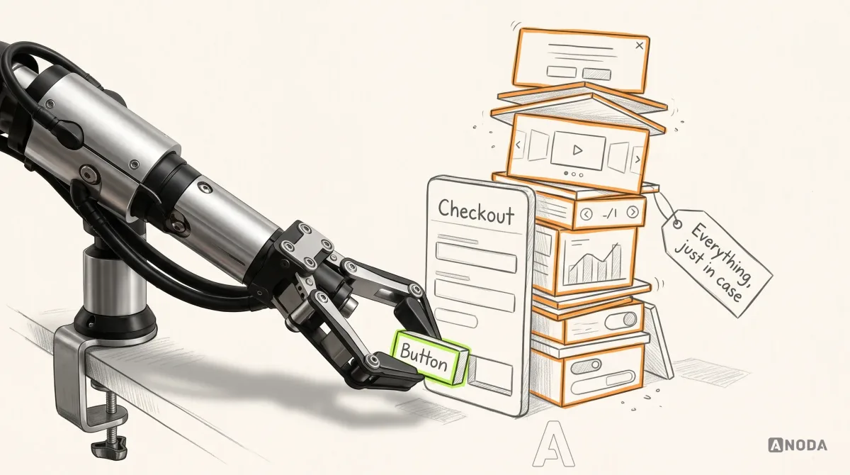 Mixed-media illustration: a real steel robotic arm clamped at the left edge sets a lime-outlined drawn "Button" block into a half-built drawn checkout screen labelled "Checkout", while behind it a tall, leaning orange-outlined stack of unused drawn components carries a tag reading "Everything, just in case".