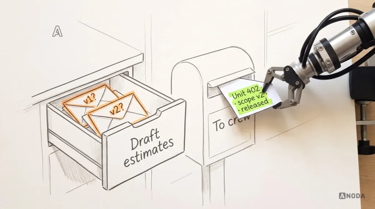 Mixed-media illustration: a drawn desk drawer labelled “Draft estimates”, half open, holding envelopes marked in orange “v1?” and “v2?”, beside a drawn postbox labelled “To crew”; a real steel arm from a table clamp posts a single envelope with a lime stamp reading “Unit 402 · scope v2 · released” into the postbox slot.