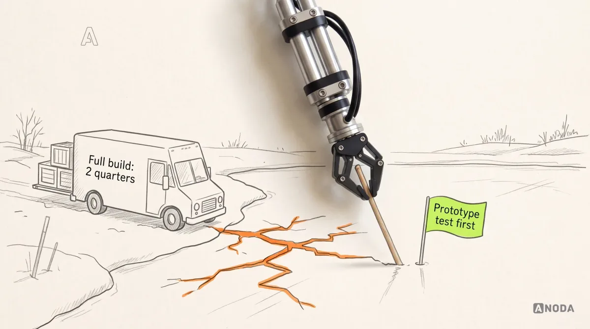 Mixed-media illustration: a drawn frozen lake with a drawn delivery van marked “Full build: 2 quarters”, loaded with crates, waiting on the shore, orange cracks spreading across the ice ahead of it; a real steel robotic arm reaching down from the top edge taps the ice with a real wooden stick, beside a small lime flag stuck in the ice reading “Prototype test first”.
