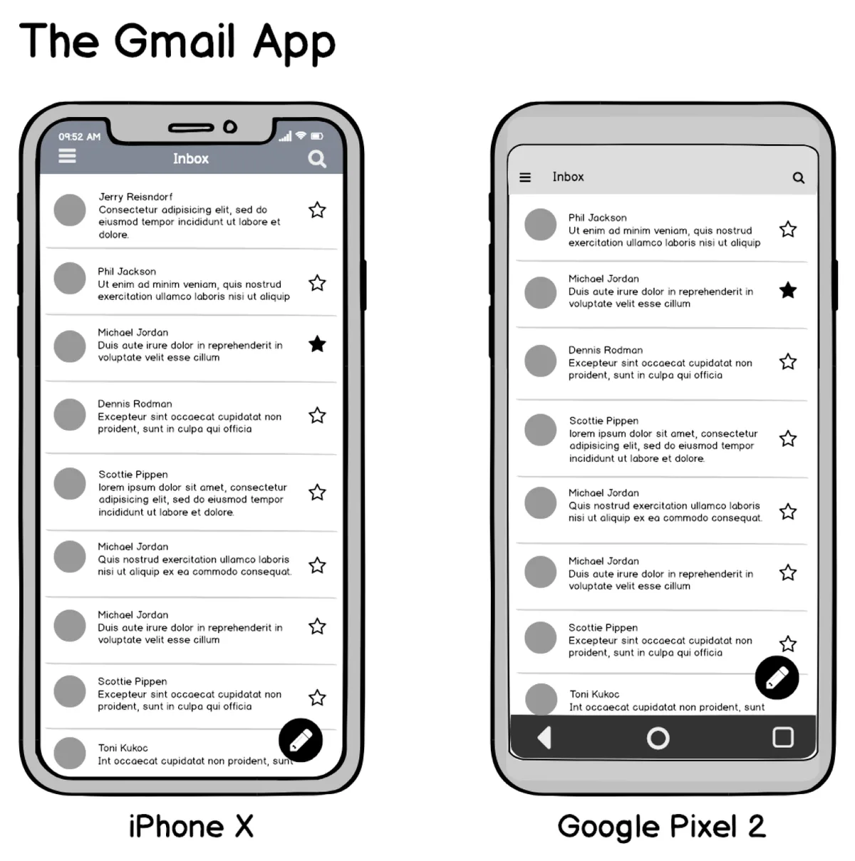Illustrated inbox wireframes labeled iPhone X and Google Pixel 2, with placeholder messages.