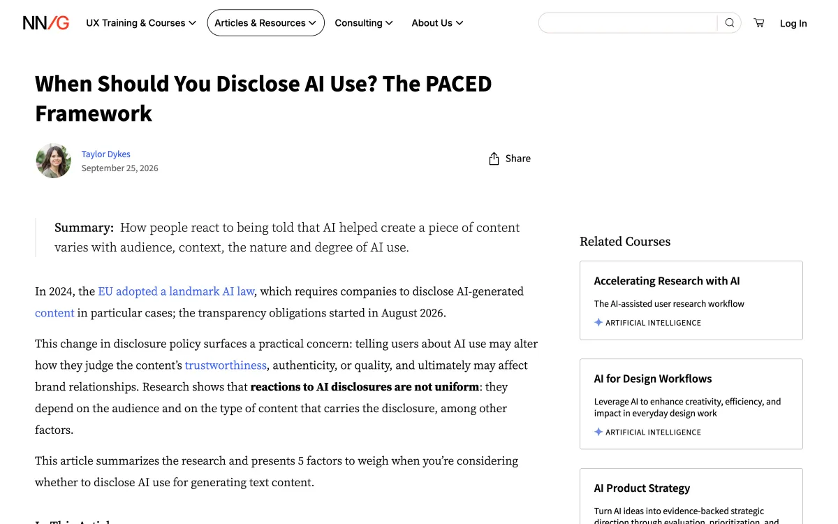 Nielsen Norman Group article page: “When Should You Disclose AI Use? The PACED Framework”, published 25 September 2026, with a summary box and related courses in the sidebar.