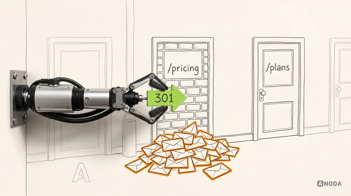 Mixed-media illustration: a drawn street of doors; the door numbered “/pricing” is bricked up with a pile of drawn envelopes in front of it outlined in orange, while a real steel arm on a wall bracket holds a real small wooden arrow sign reading “301”, painted lime, pointing to the next door, “/plans”.