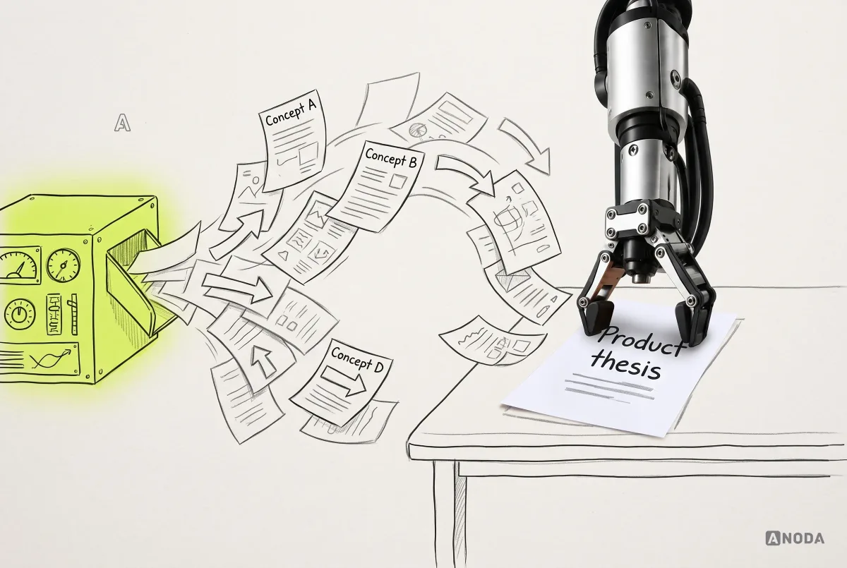 Mixed-media illustration: a lime-glowing drawn machine sprays paper concepts with arrows pointing opposite ways, and the stream curves toward a real sheet labelled “Product thesis” that a real steel arm pins flat on a drawn table.
