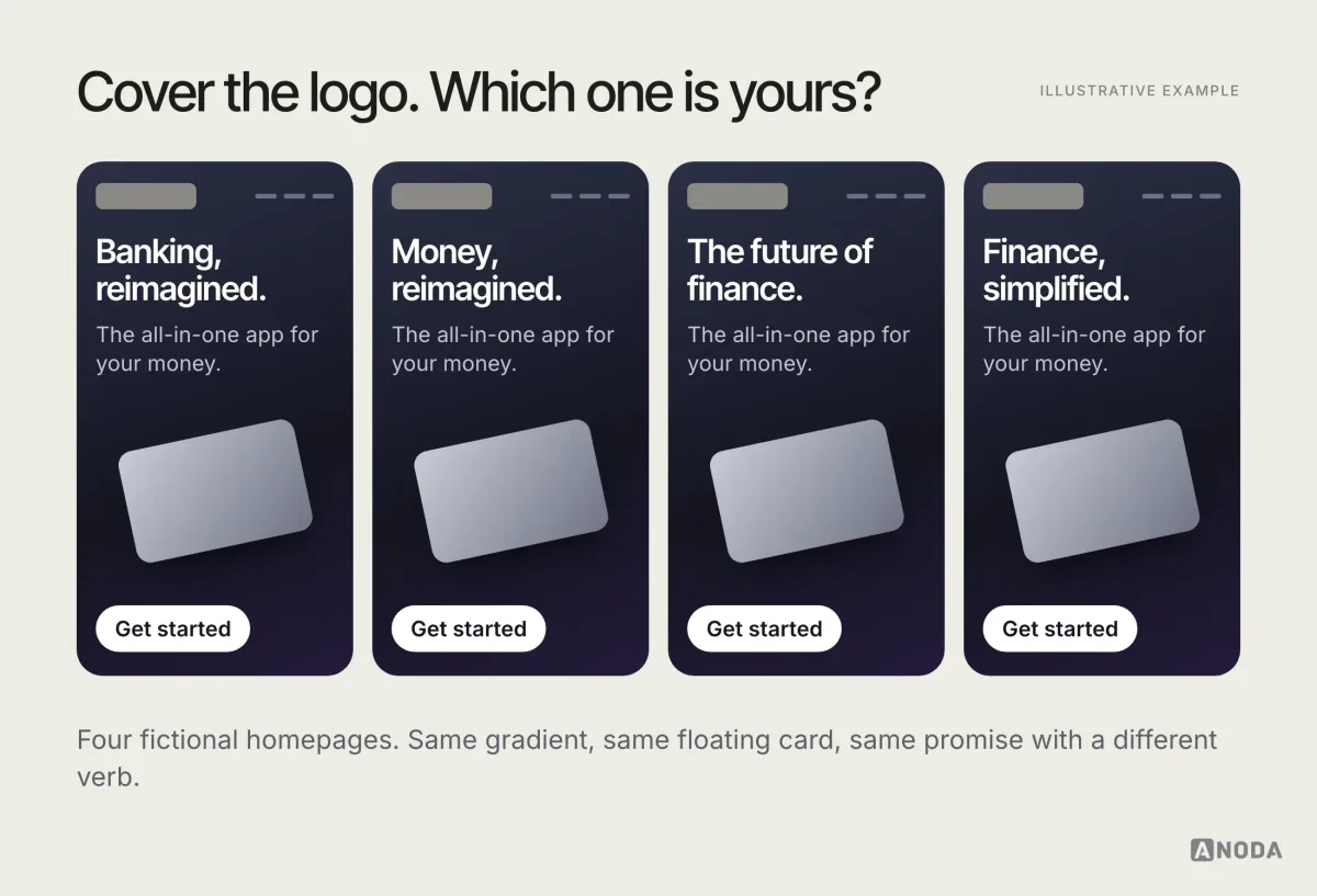 Illustrative example: under the headline “Cover the logo. Which one is yours?”, four fictional fintech homepages stand side by side, all dark gradient panels with a grey bar where the logo should be, a floating silver card, a “Get started” button and near-identical headlines: “Banking, reimagined.”, “Money, reimagined.”, “The future of finance.” and “Finance, simplified.”