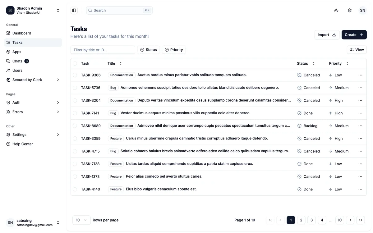 shadcn-admin tasks page: a data table of tasks with type labels, status and priority columns, text and faceted filters, row actions and pagination.