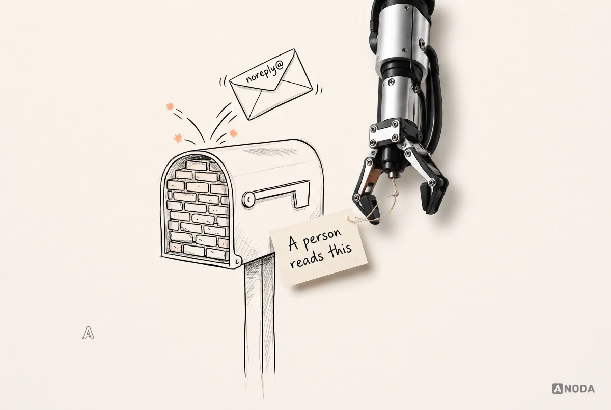 Mixed-media illustration: a real steel arm hangs a handwritten card reading “A person reads this” on a drawn letterbox whose front is bricked up, while an envelope addressed “noreply@” bounces off it.