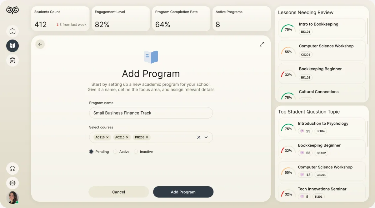 Add Program form filled in: a programme name, three selected courses and a pending status