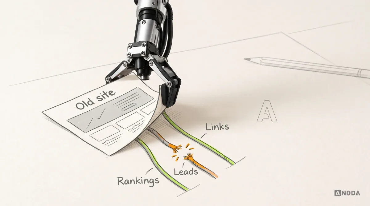 Mixed-media illustration: a real steel arm hanging from the top edge lifts a drawn homepage labelled "Old site" up off the paper by one corner; drawn cords labelled "Rankings", "Leads" and "Links" run from the back of the page into the paper, pulled taut, and the "Leads" cord snaps in orange.