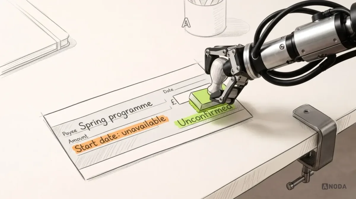 Mixed-media illustration: a drawn cheque made out to “Spring programme” with an orange note on it reading “Start date: unavailable”; a real steel arm clamped to the right edge of the table presses a real lime rubber stamp onto the cheque, leaving the word “Unconfirmed”.