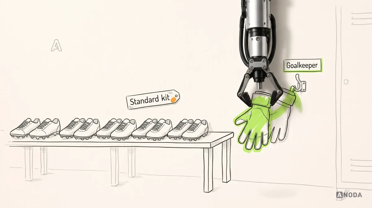 Mixed-media illustration: a drawn changing-room bench with a row of identical drawn football boots under a tag reading “Standard kit”; at the end of the bench, a real steel robotic arm hanging from the top edge sets down a pair of lime goalkeeper gloves on a hook labelled “Goalkeeper”.