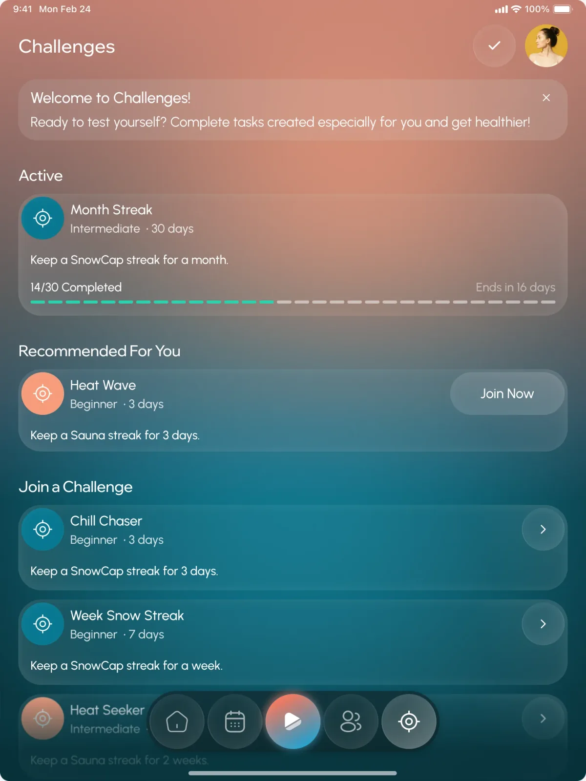 Challenges on a tablet: the active Month Streak, Heat Wave recommended, and Chill Chaser, Week Snow Streak and Heat Seeker to join