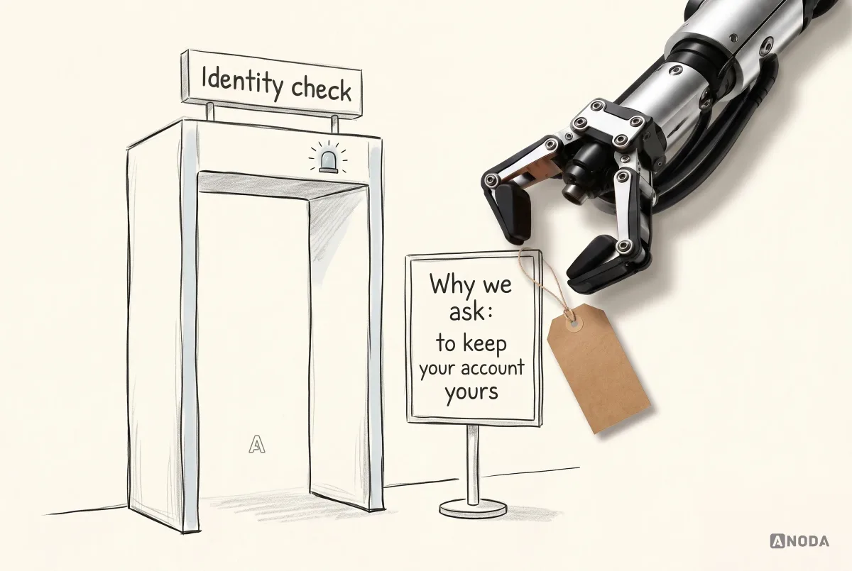 A steel robotic hand hangs a real paper luggage tag on a drawn sign reading ‘Why we ask: to keep your account yours’ beside a security gate labelled ‘Identity check’.