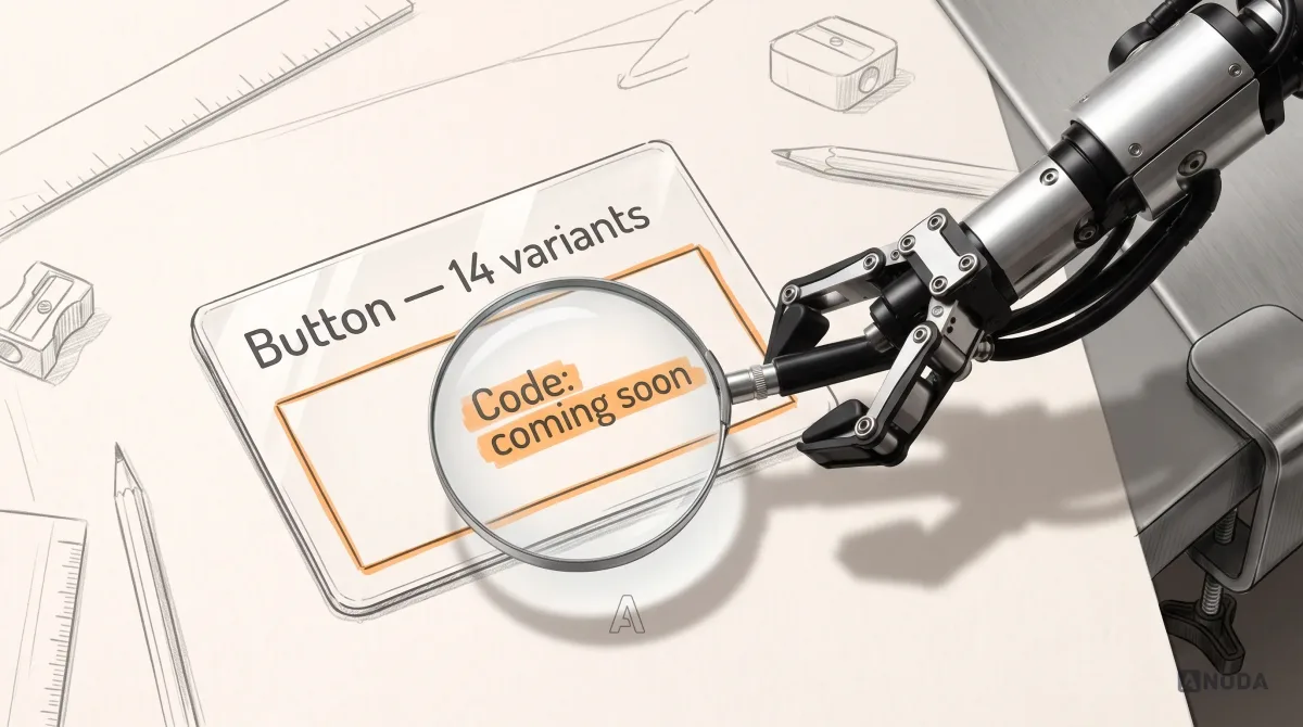 Mixed-media illustration: a real steel robotic arm clamped at the right edge holds a magnifying glass over a glossy drawn component gallery card reading “Button — 14 variants”; through the lens, the space behind the card is an empty orange-outlined box labelled “Code: coming soon”.