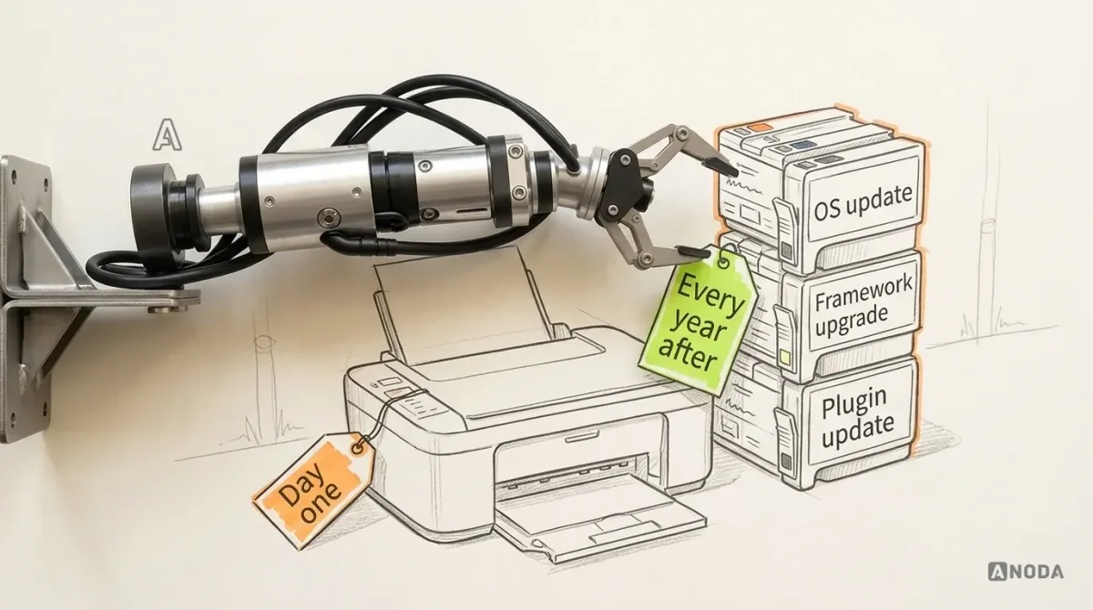 Mixed-media illustration: a drawn desktop printer with an orange price tag reading “Day one”, beside a tall drawn stack of ink cartridges labelled “OS update”, “Framework upgrade” and “Plugin update”; a real steel arm from a wall bracket at the left edge hangs a lime tag reading “Every year after” on the stack.