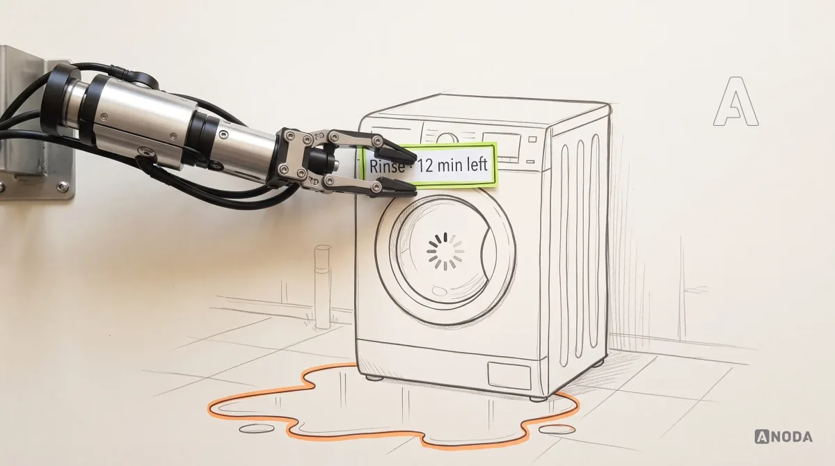 Mixed-media illustration: a drawn washing machine whose round door is a screen showing only a spinner, with a drawn puddle spreading across the floor outlined in orange; a real steel arm attaches a small lime drawn display above the door reading “Rinse · 12 min left”.