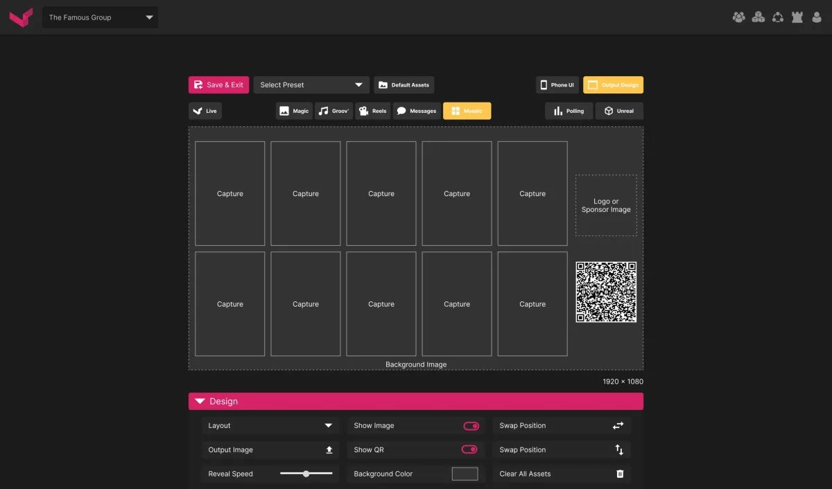 Mosaic output builder: a five by two capture grid, logo and sponsor slot and QR code, with the design panel below