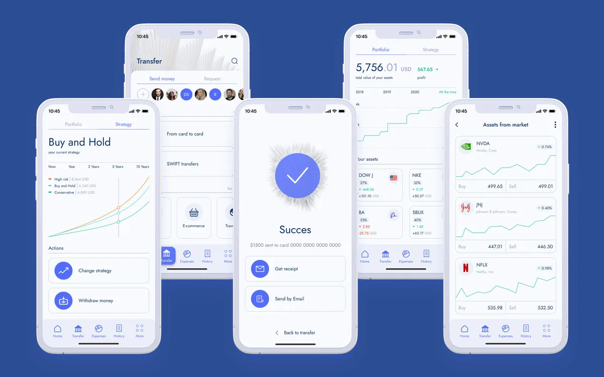 Five iPhones showcasing various financial applications on their screens, highlighting diverse financial management tools.