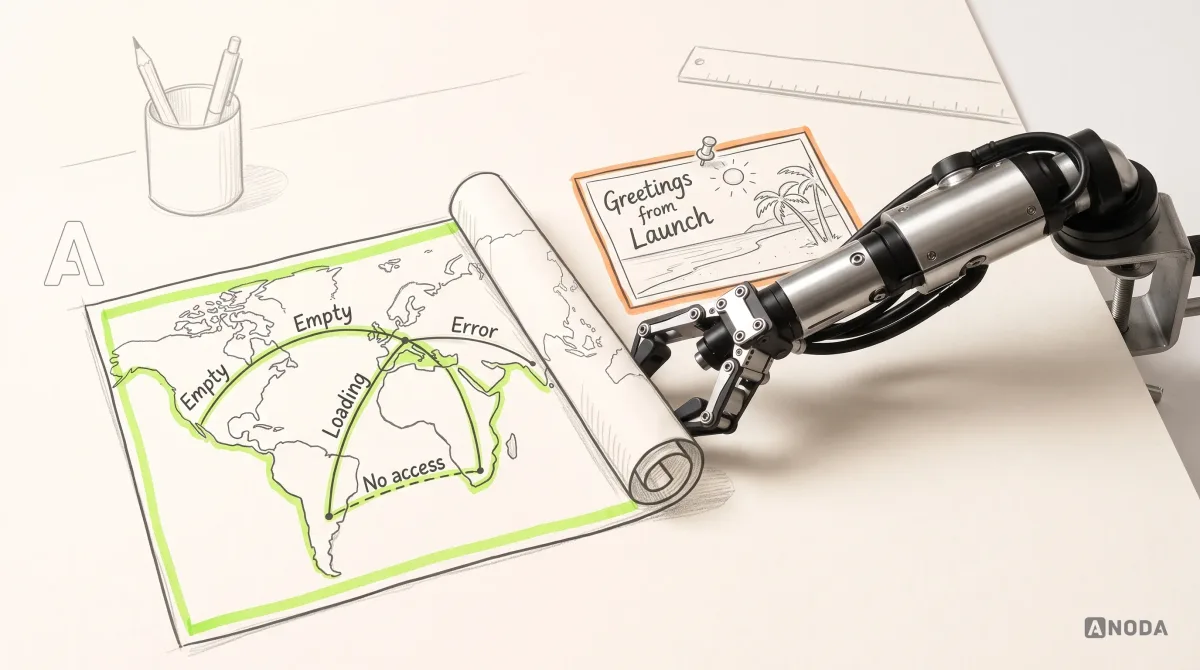 Mixed-media illustration: a drawn holiday postcard reading “Greetings from Launch”, showing a beach, is pinned to the paper and outlined in orange; a real steel robotic arm on a table clamp unrolls a drawn lime flight-plan map beside it, with route lines labelled “Empty”, “Error”, “Loading” and “No access”.