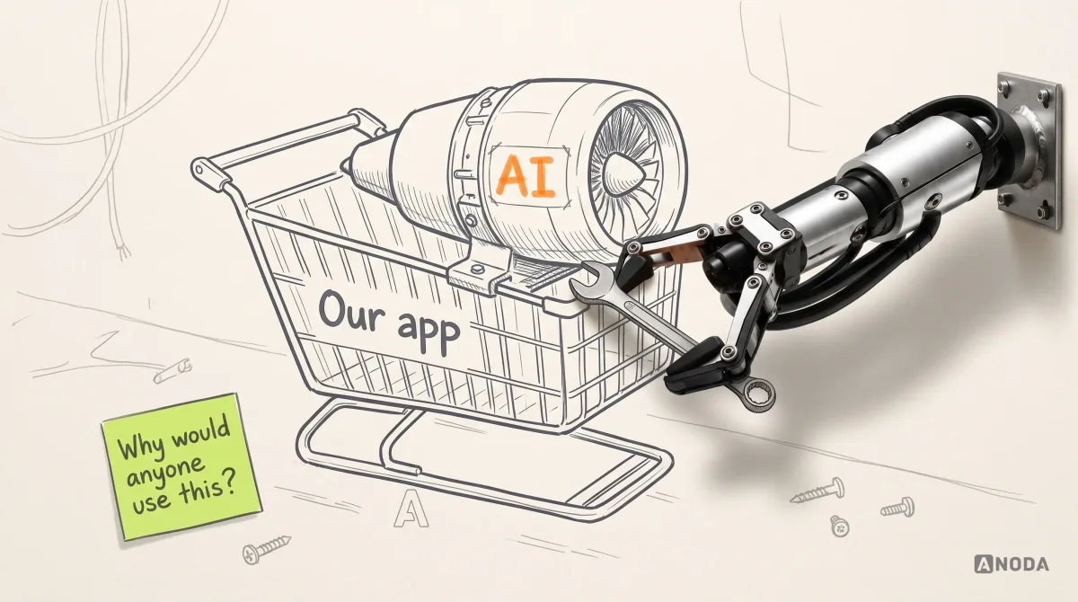 Mixed-media illustration: a drawn shopping trolley with no wheels, labelled “Our app”, sits flat on the paper; a real steel robotic arm on a wall bracket at the right edge of the frame uses a real spanner to bolt a large drawn jet engine marked “AI” in orange onto the trolley, while a small lime sticky note on the ground beside it reads “Why would anyone use this?”.