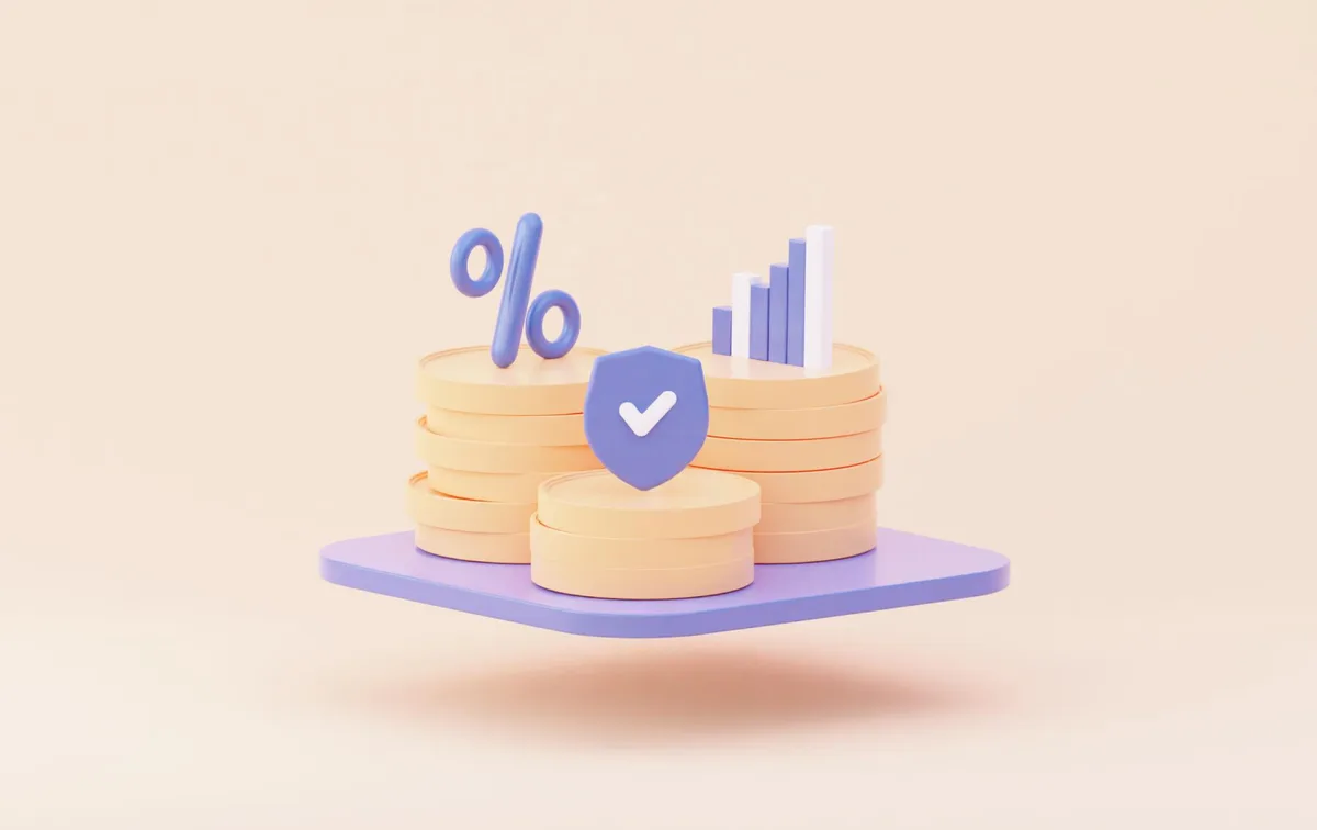 A 3D illustration depicting a stack of coins alongside a percentage sign, symbolizing financial growth and investment.